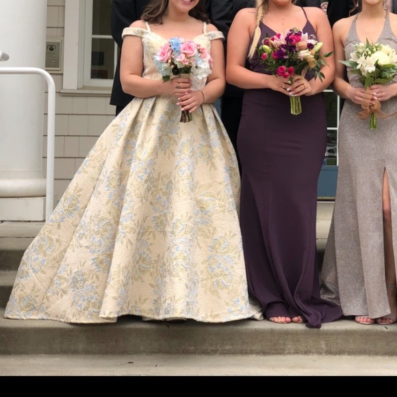 Vintage Style Cream and Blue Foral Formal Ball Gown Prom Dress off the shoulder - Picture 2 of 14